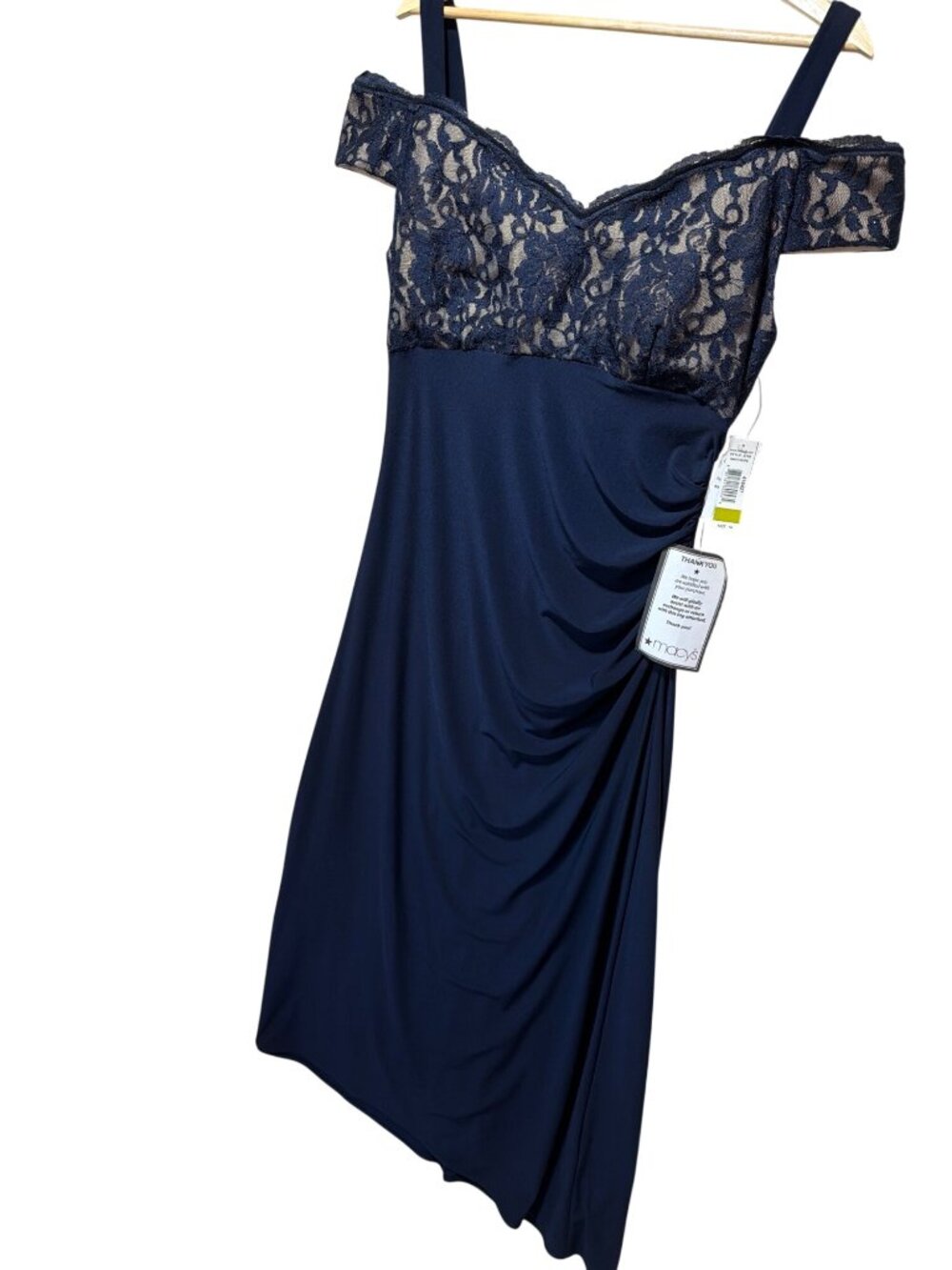 R&M Richards NWT Navy Lace & Ruched Gown Off-Shoulder Size 14 Elegant Formal Wea